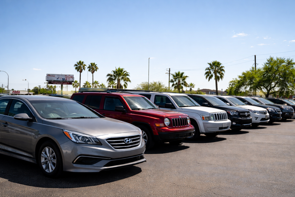 Customer reviewing auto financing options with a dealership specialist at a used car dealership in Phoenix Arizona while applying for vehicle financing and pre-approval.