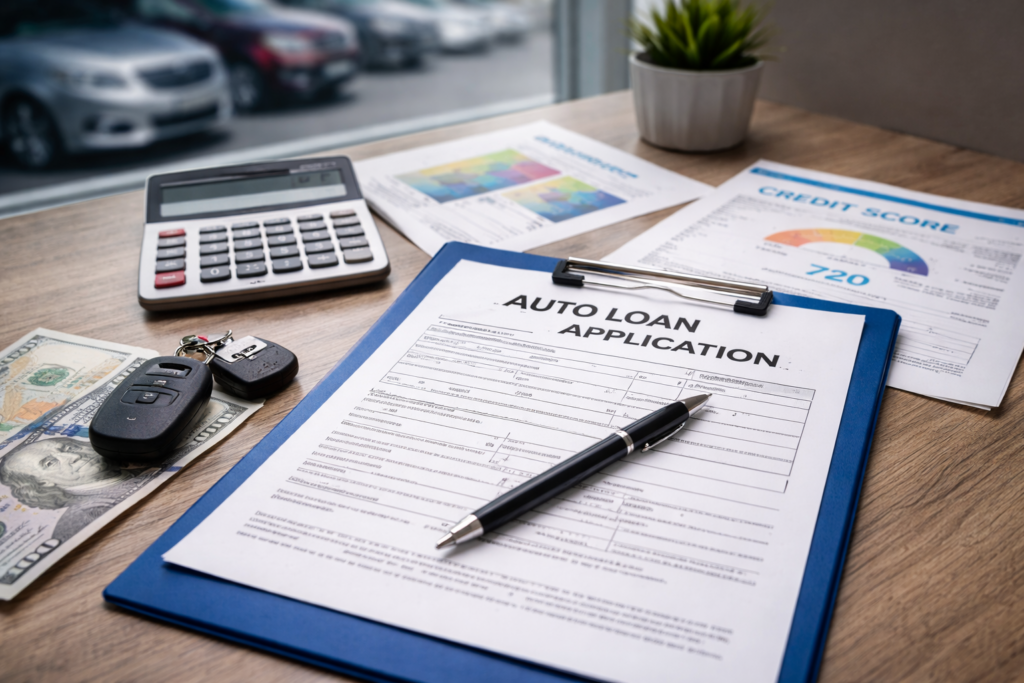 Auto loan application paperwork with car keys and financing documents for buying a used car at a Phoenix Arizona dealership.