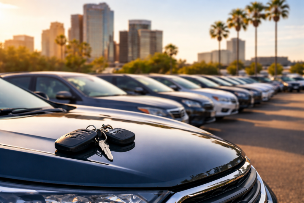 Car keys resting on the hood of a vehicle at a used car dealership in Phoenix Arizona with rows of pre-owned vehicles in the background.